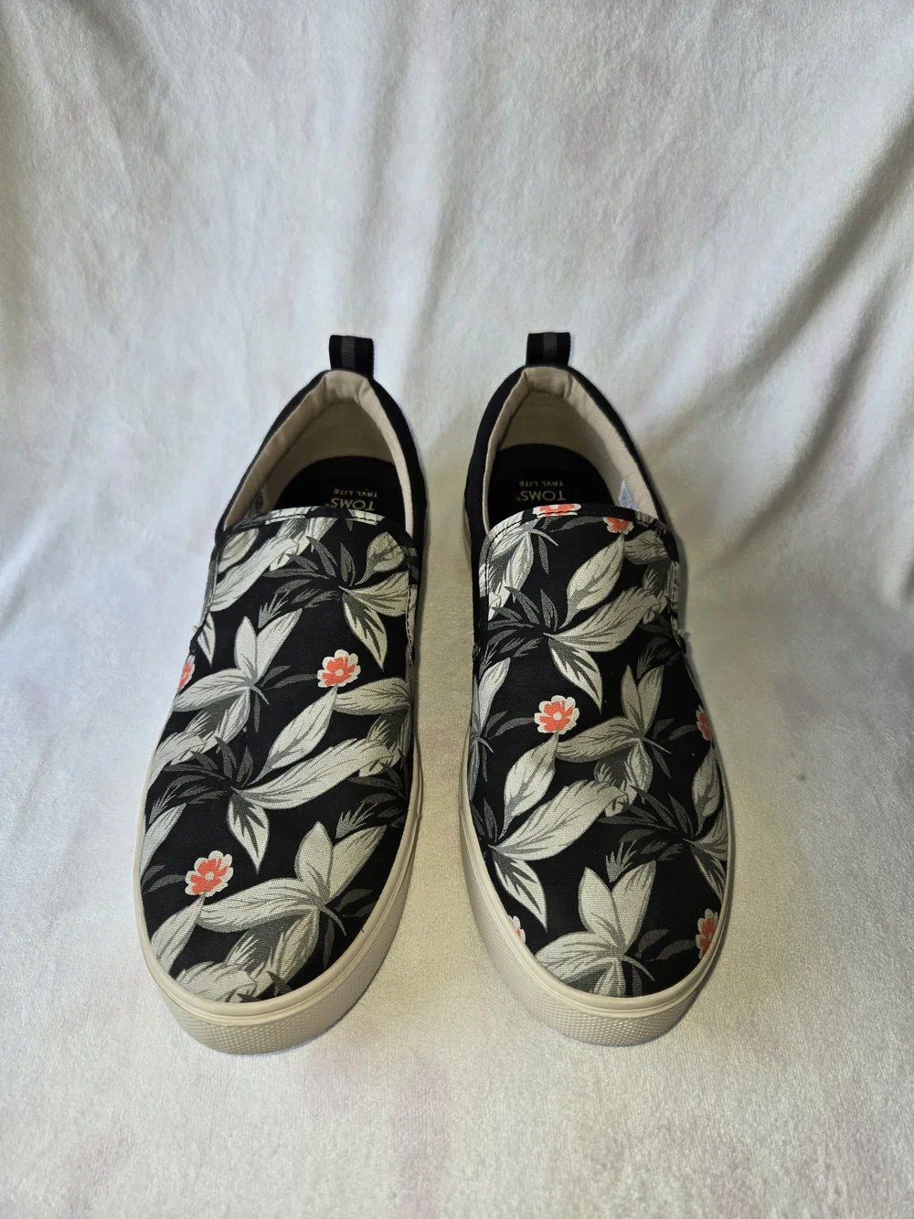 TOMS Black Floral Slip-On Sneakers with Coral Accents